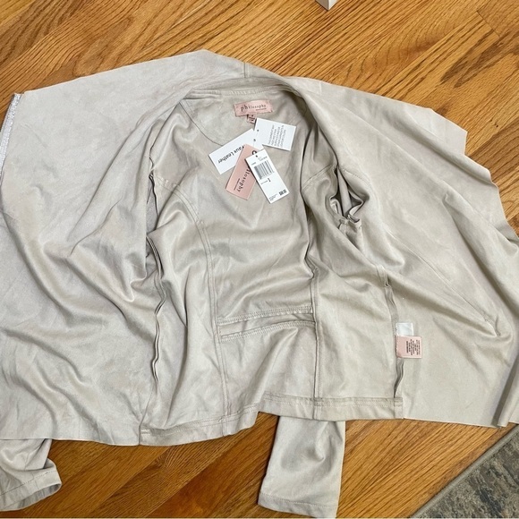 Philosophy neutral minimalist faux suede drapey zip moto jacket large collar NWT - Picture 14 of 14